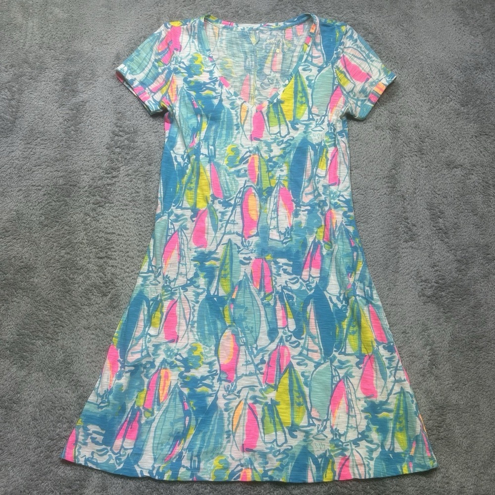 Lilly Pulitzer Jessica Dress Size XXS Pink Blue Sailboats V Neck Short Sleeve